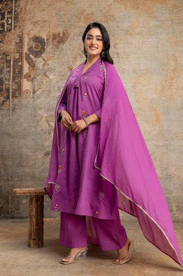 Amethyst Bloom Purple Cotton A-Line Suit Set with Embroidered Dupatta
