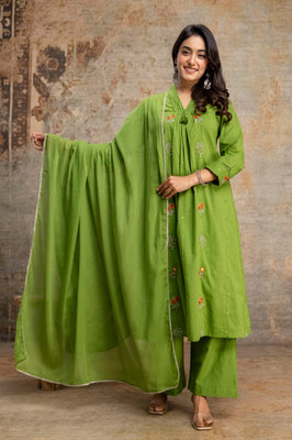 Meadow Grace Green Cotton A-Line Suit Set with Delicate Floral Embroidery