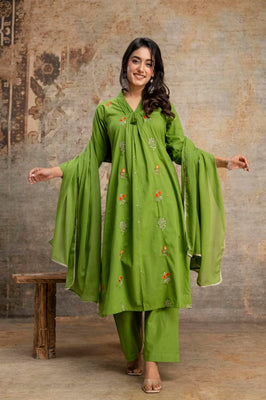 Meadow Grace Green Cotton A-Line Suit Set with Delicate Floral Embroidery