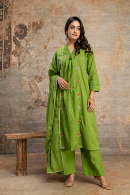 Meadow Grace Green Cotton A-Line Suit Set with Delicate Floral Embroidery