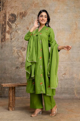 Meadow Grace Green Cotton A-Line Suit Set with Delicate Floral Embroidery