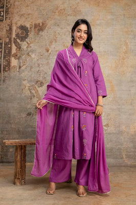 Amethyst Bloom Purple Cotton A-Line Suit Set with Embroidered Dupatta