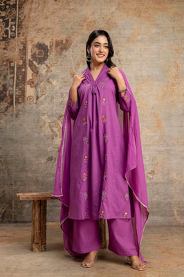 Amethyst Bloom Purple Cotton A-Line Suit Set with Embroidered Dupatta
