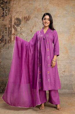 Amethyst Bloom Purple Cotton A-Line Suit Set with Embroidered Dupatta