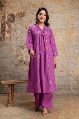 Amethyst Bloom Purple Cotton A-Line Suit Set with Embroidered Dupatta