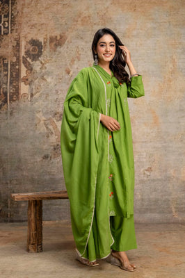 Meadow Grace Green Cotton A-Line Suit Set with Delicate Floral Embroidery
