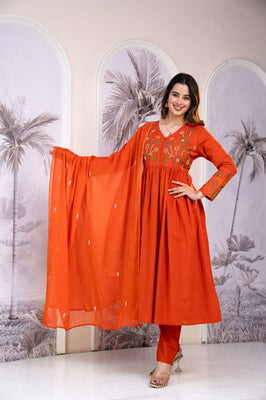 IndoLady Sunflare Orange A-Line Embroidered Cotton Suit Set
