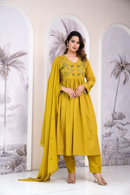 IndoLady Harvest Yellow A-Line Embroidery Suit Set