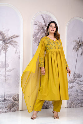 IndoLady Harvest Yellow A-Line Embroidery Suit Set