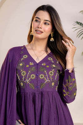 IndoLady Velvet Iris Purple A-Line Cotton Suit Set