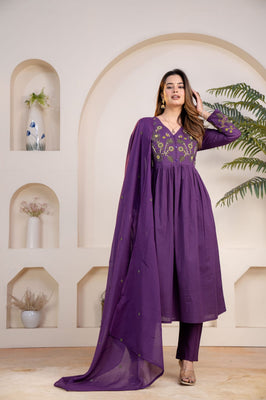 IndoLady Velvet Iris Purple A-Line Cotton Suit Set