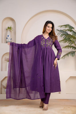 IndoLady Velvet Iris Purple A-Line Cotton Suit Set