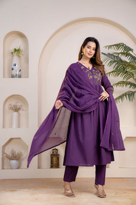 IndoLady Velvet Iris Purple A-Line Cotton Suit Set