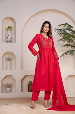 IndoLady Royale Pink A-Line Premium Cotton Suit Set