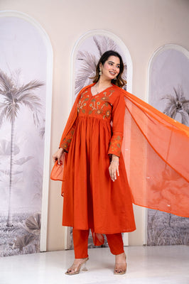 IndoLady Sunflare Orange A-Line Embroidered Cotton Suit Set
