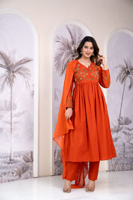 IndoLady Sunflare Orange A-Line Embroidered Cotton Suit Set