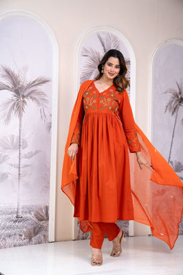IndoLady Sunflare Orange A-Line Embroidered Cotton Suit Set