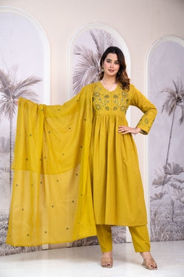 IndoLady Harvest Yellow A-Line Embroidery Suit Set