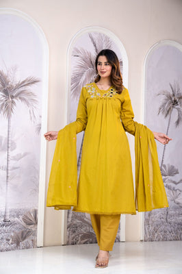 Sunlit Grace Mustard Cotton Straight Suit Set with Mirror Embellishment