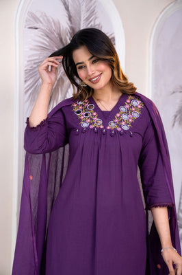Regal Plum Purple Cotton Straight Suit Set with Mirror & Embroidery Detailing