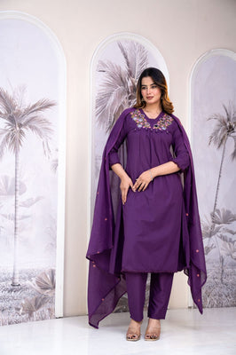 Regal Plum Purple Cotton Straight Suit Set with Mirror & Embroidery Detailing