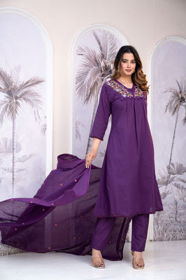 Regal Plum Purple Cotton Straight Suit Set with Mirror & Embroidery Detailing
