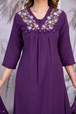 Regal Plum Purple Cotton Straight Suit Set with Mirror & Embroidery Detailing
