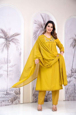 Sunlit Grace Mustard Cotton Straight Suit Set with Mirror Embellishment