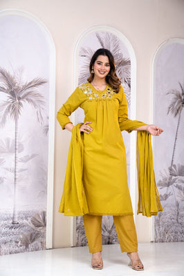 Sunlit Grace Mustard Cotton Straight Suit Set with Mirror Embellishment