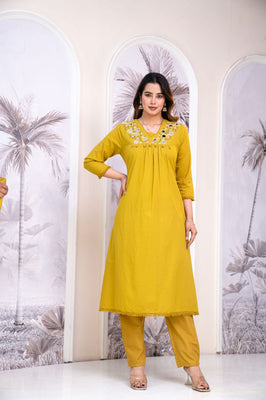 Sunlit Grace Mustard Cotton Straight Suit Set with Mirror Embellishment