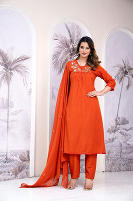 Amber Glow Rust Cotton Straight Suit Set with Hand Mirror Work