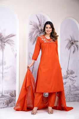 Amber Glow Rust Cotton Straight Suit Set with Hand Mirror Work