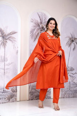 Amber Glow Rust Cotton Straight Suit Set with Hand Mirror Work