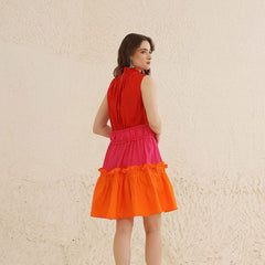 Indolady Cotton High-Neck Tiered Colorblock Dress