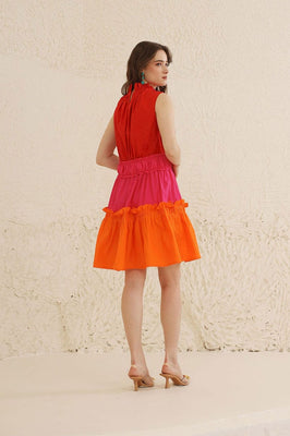 Indolady Cotton High-Neck Tiered Colorblock Dress
