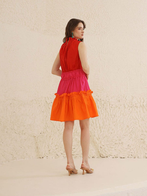 Indolady Cotton High-Neck Tiered Colorblock Dress