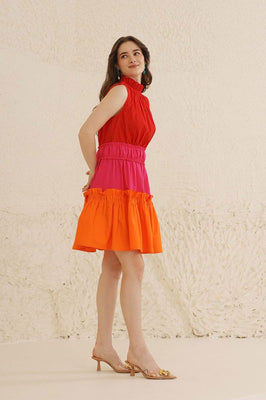 Indolady Cotton High-Neck Tiered Colorblock Dress
