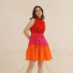 Indolady Cotton High-Neck Tiered Colorblock Dress