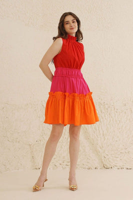 Indolady Cotton High-Neck Tiered Colorblock Dress
