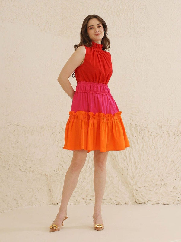 Indolady Cotton High-Neck Tiered Colorblock Dress