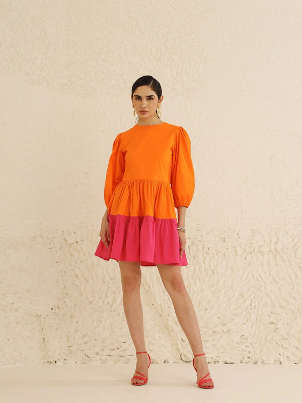 IndoLady Citrus Crush Puff Sleeve Tiered Dress