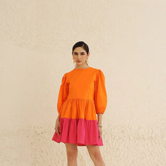 IndoLady Citrus Crush Puff Sleeve Tiered Dress