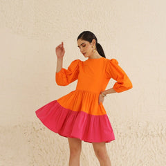 IndoLady Citrus Crush Puff Sleeve Tiered Dress