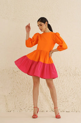 IndoLady Citrus Crush Puff Sleeve Tiered Dress