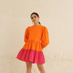 IndoLady Citrus Crush Puff Sleeve Tiered Dress