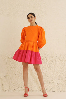 IndoLady Citrus Crush Puff Sleeve Tiered Dress