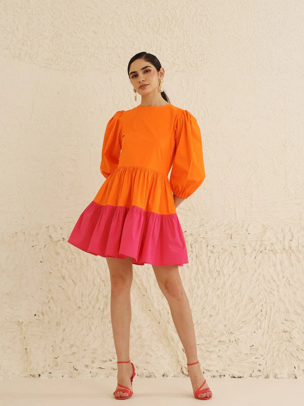 IndoLady Citrus Crush Puff Sleeve Tiered Dress