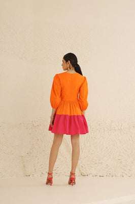 IndoLady Citrus Crush Puff Sleeve Tiered Dress