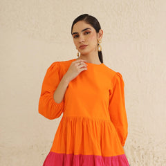 IndoLady Citrus Crush Puff Sleeve Tiered Dress