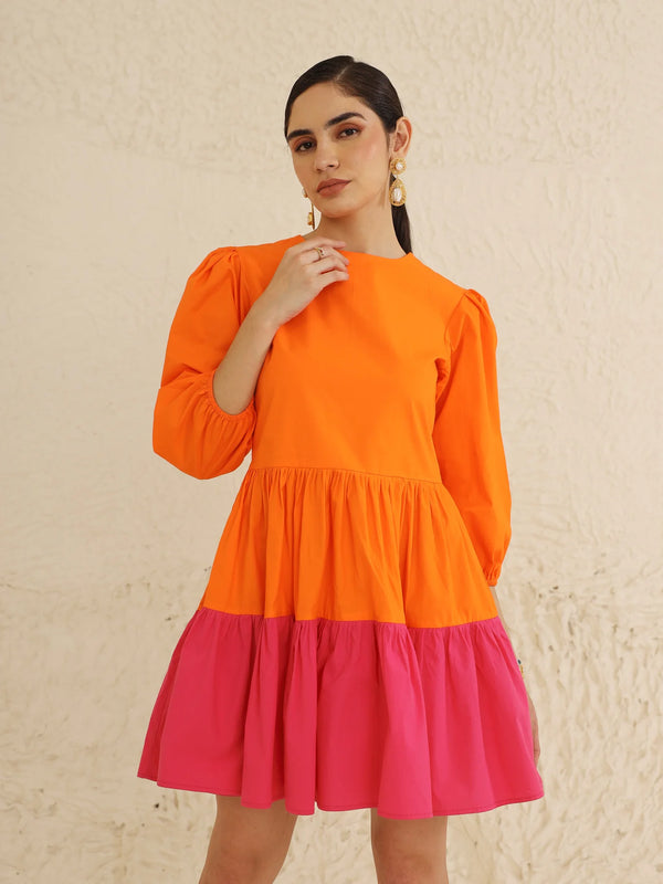IndoLady Citrus Crush Puff Sleeve Tiered Dress